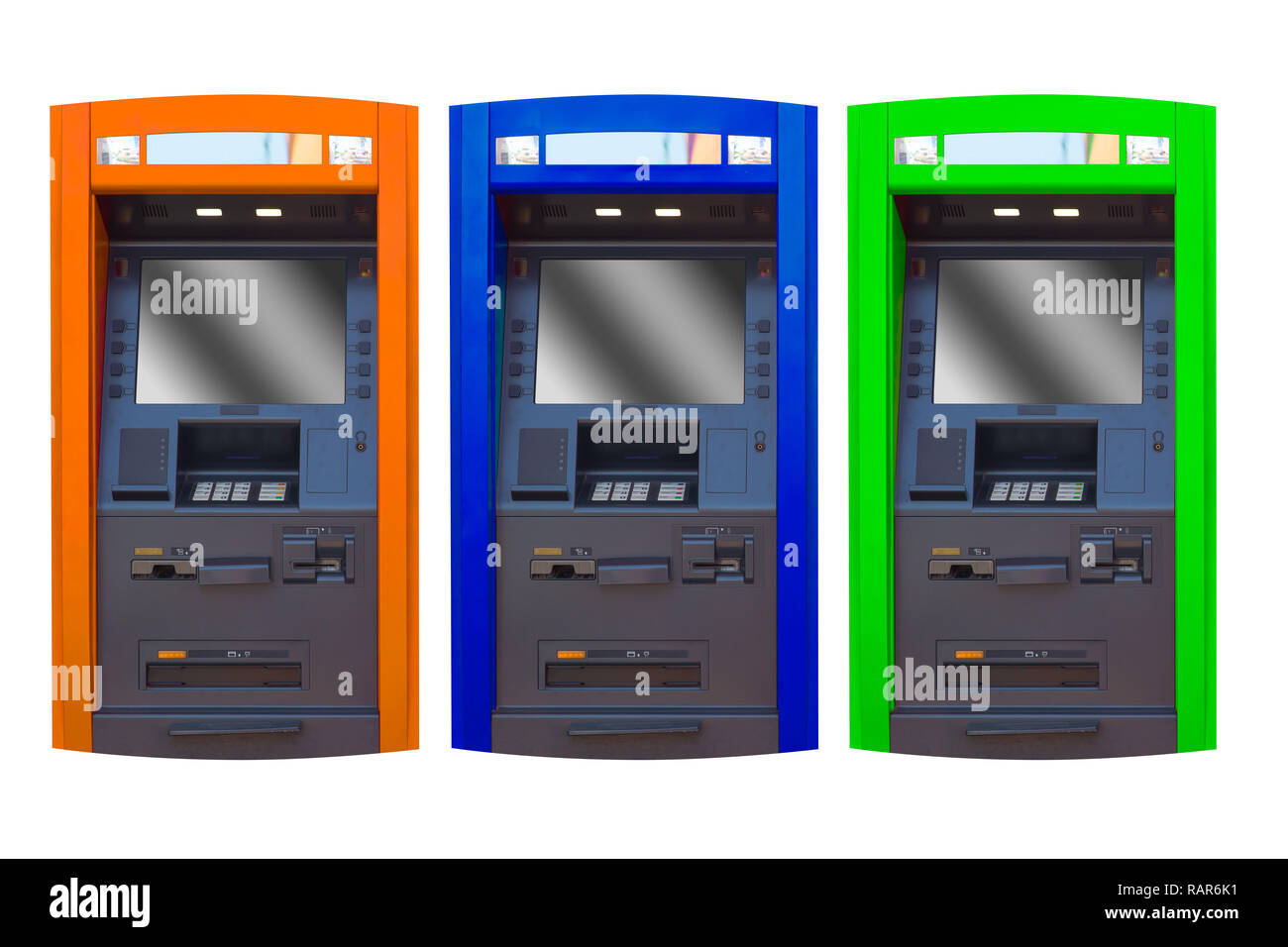 Automated Teller Machine (ATM) faccia isolato colori multipli isolati su sfondo bianco. Foto Stock