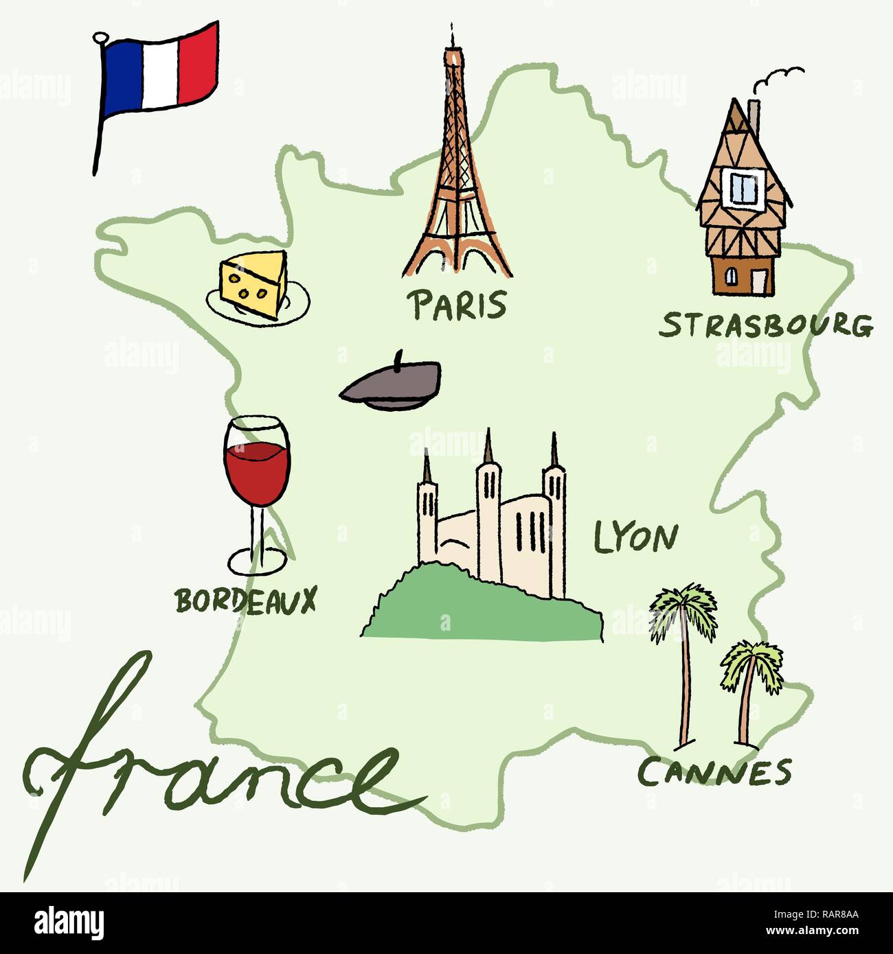 Francia landmarks mappa vettoriale - Parigi, Lione, Cannes, Strasburgo, formaggio, vino e beret. Illustrazione Vettoriale