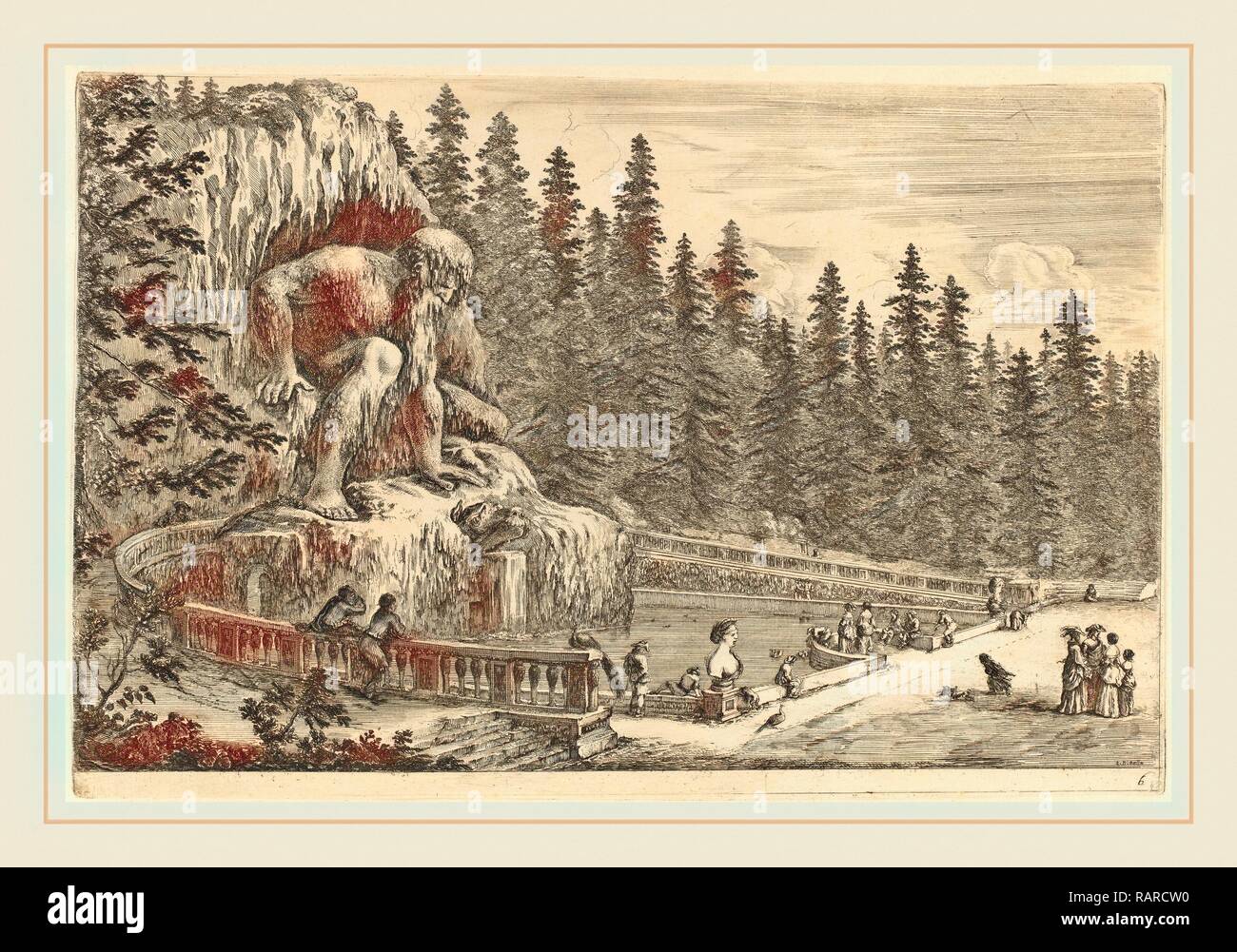Stefano Della Bella (Italiano, 1610-1664), colossale statua dell'Appennino, probabilmente 1653, incisione su carta vergata [ reinventato Foto Stock