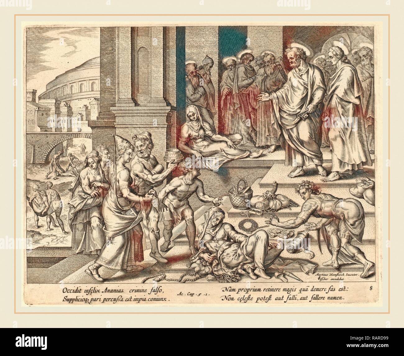 Philip Galle dopo Maerten van Heemskerck (fiammingo, 1537-1612), la morte di Anania e Saffira, incisione reinventato Foto Stock