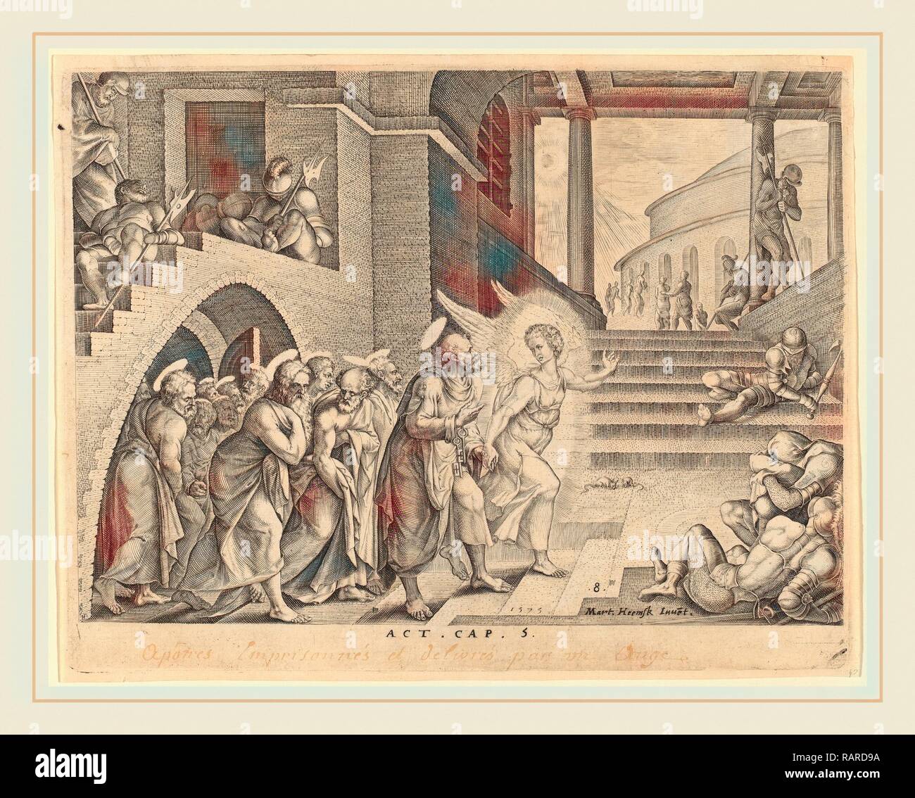 Philip Galle dopo Maerten van Heemskerck (fiammingo, 1537-1612), gli Apostoli consegnati dal carcere da un angelo reinventato Foto Stock