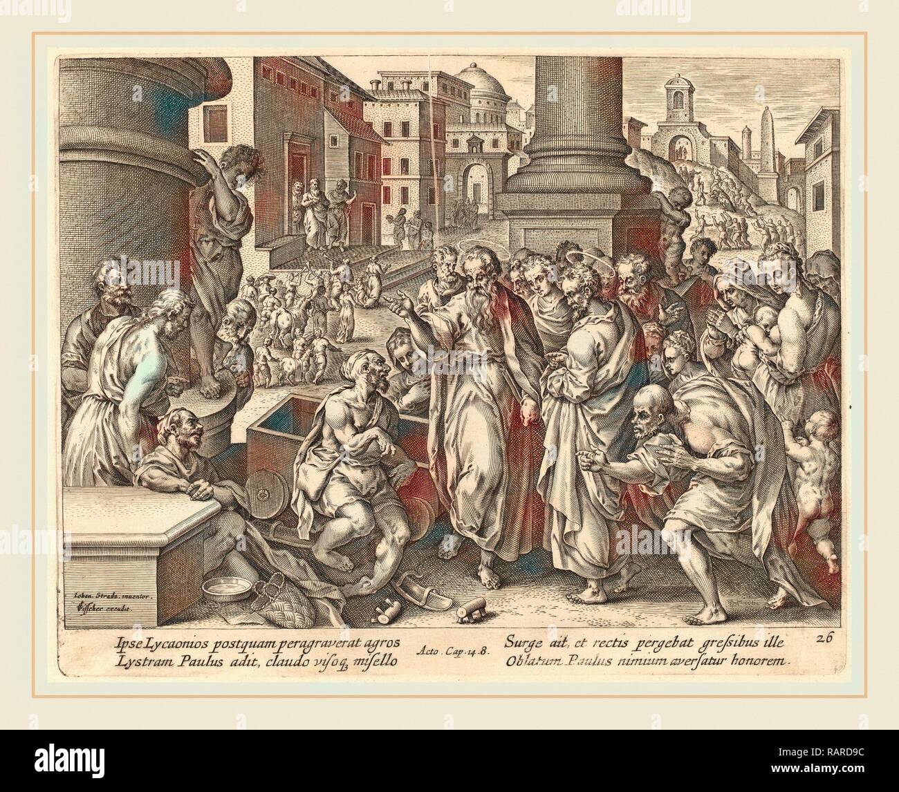 Philip Galle dopo Jan van der Straet (fiammingo, 1537-1612), San Paolo guarisce il zoppo a Listra, incisione reinventato Foto Stock