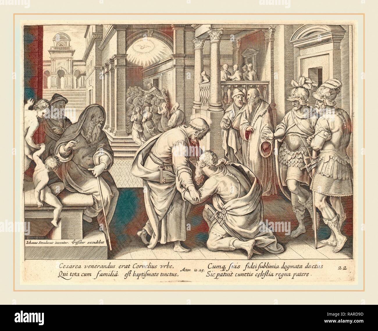 Philip Galle dopo Jan van der Straet (fiammingo, 1537-1612), Cornelius adorare San Pietro, incisione. Reinventato Foto Stock