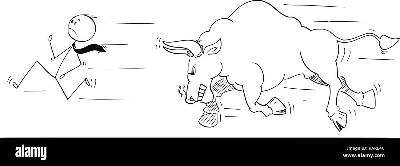 Cartoon di imprenditore di scappare da arrabbiato Bull come un aumento dei prezzi di mercato Symbol Illustrazione Vettoriale