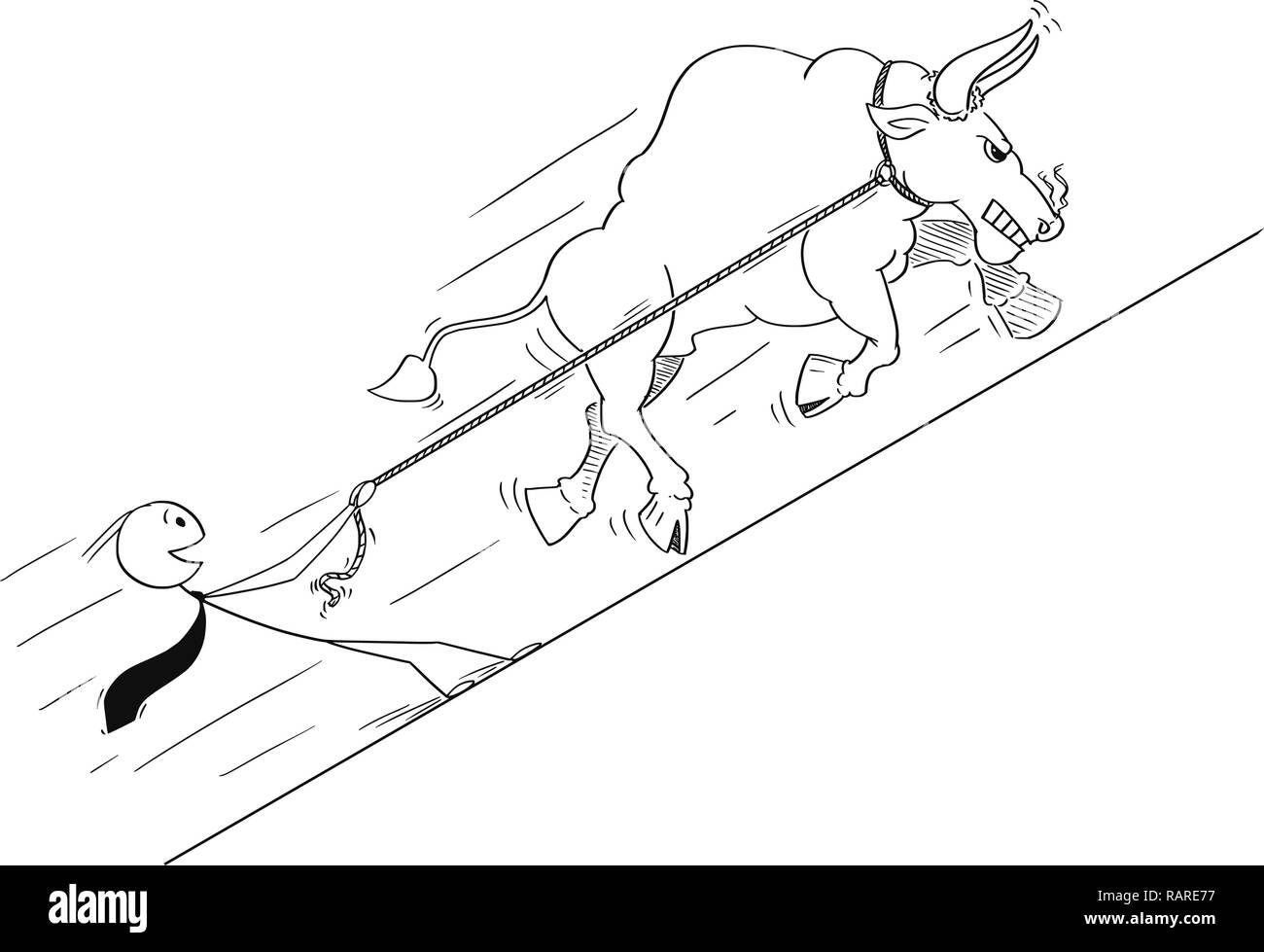 Cartoon di Bull in quanto i crescenti prezzi di mercato simbolo tirando happy businessman Illustrazione Vettoriale