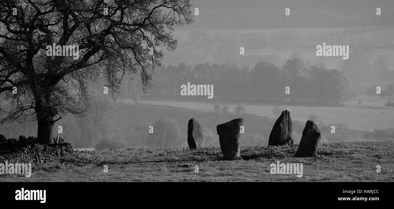 La grigia pietra Ladies Circle sulla Harthill Moor Foto Stock