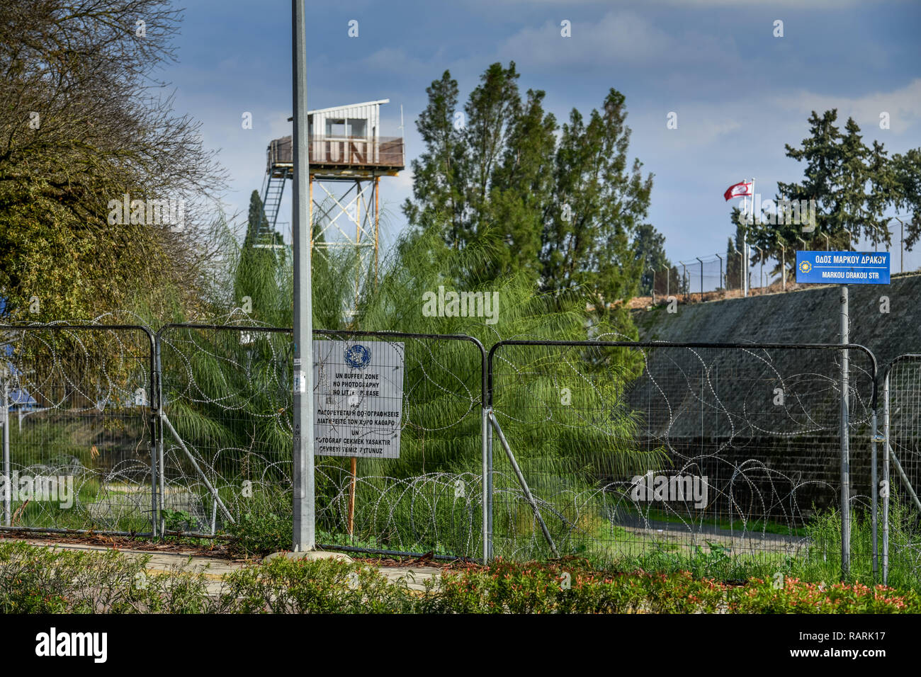 Frontiera, ONU zona buffer, Nicosia, Repubblica di Cipro, Grenze, ONU Pufferzone, Nikosia, Republik Zypern Foto Stock