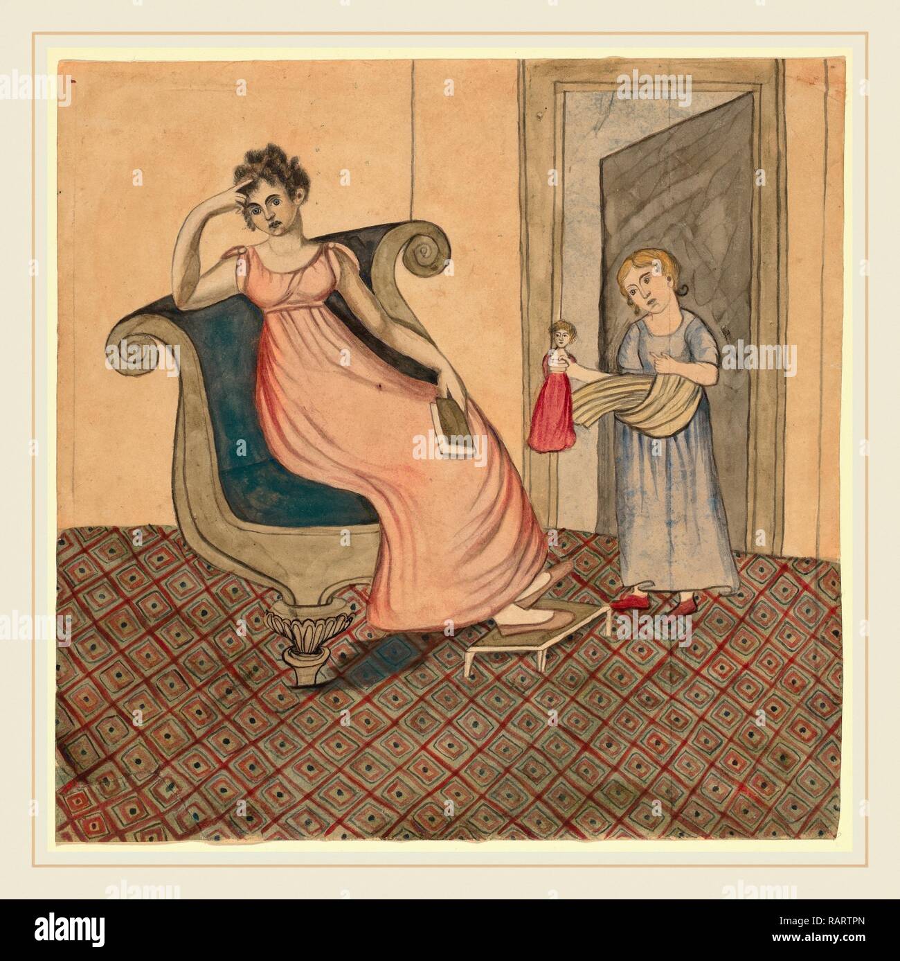 Eunice Pinney, la madre e il Bambino, Americano, 1770-1849, c. 1815, penna e inchiostro nero e acquerello. Reinventato Foto Stock