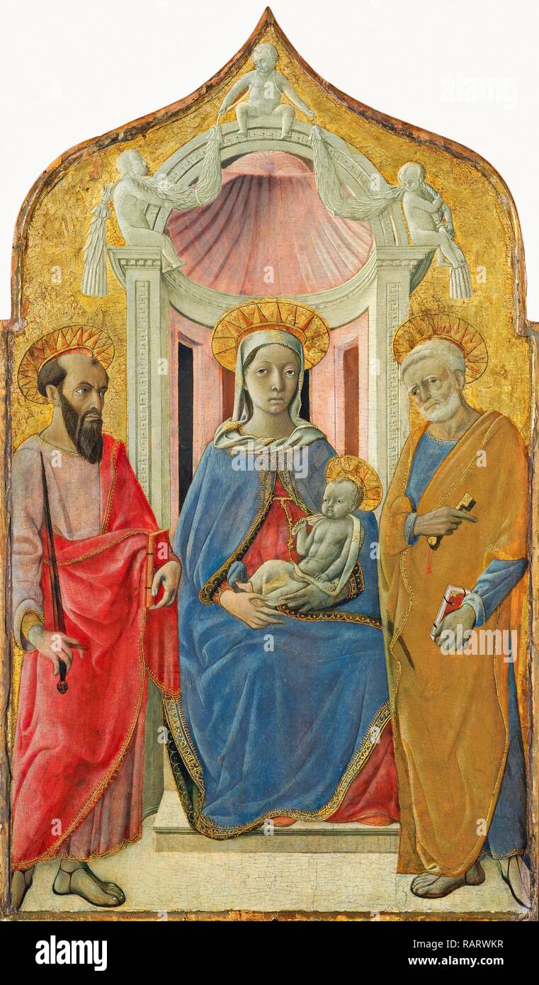 Domenico di Bartolo, Madonna in trono col Bambino tra i Santi Pietro e Paolo, Italiano, c. 1400-1447, c. 1430 reinventato Foto Stock