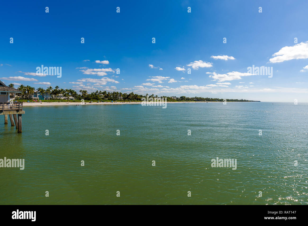 Vista dei turisti su Napoli Beach, Florida, con la sua sabbia bianca e il mare turchese in una giornata di sole come si vede dal famoso molo, popolare luogo di pesca. Foto Stock