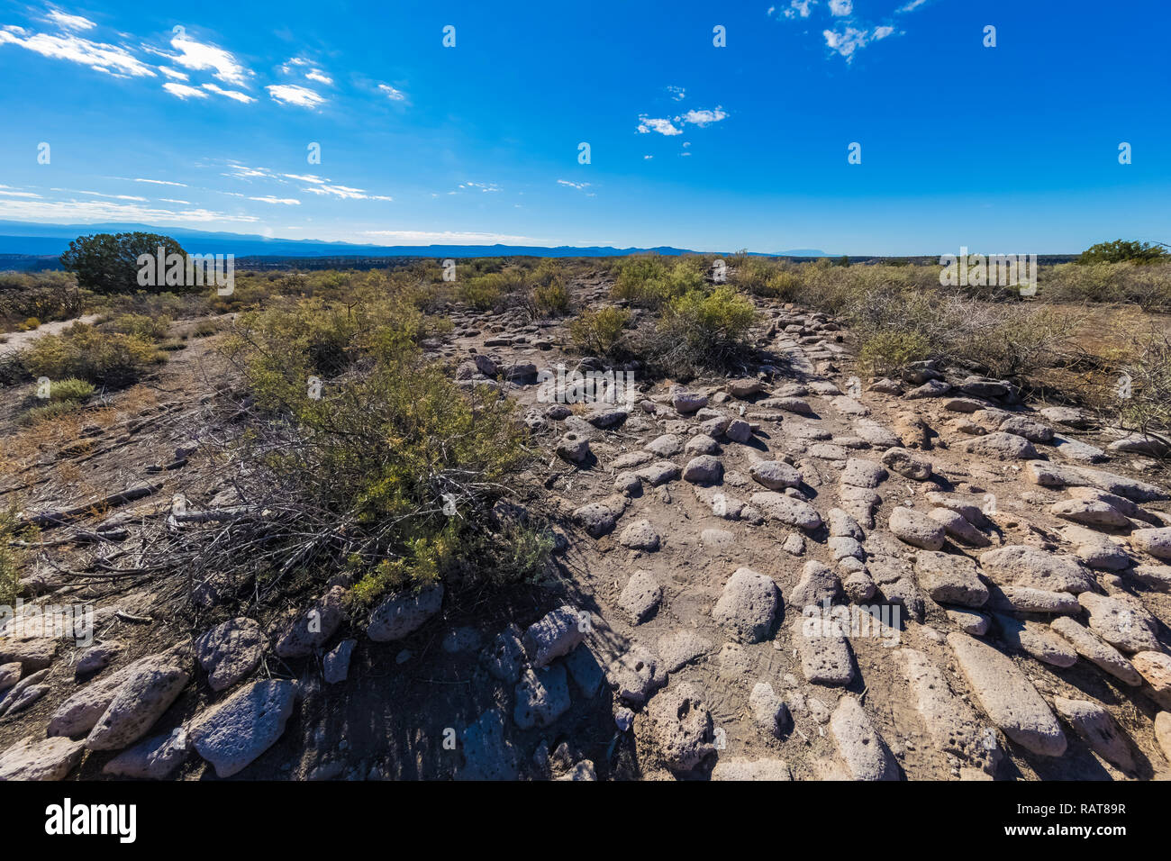 Pietre che sono state una volta parte delle pareti di un edificio al Tsankawi siti preistorici Bandelier National Monument vicino a Los Alamos, Nuovo Messico Foto Stock