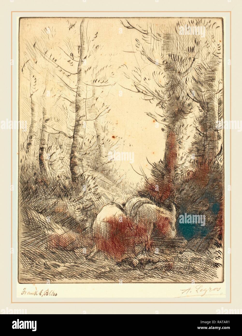 Alphonse Legros, l'agricoltore e il suo asino (Le fermier et son ane), Francese, 1837-1911, di attacco e puntasecca. Reinventato Foto Stock
