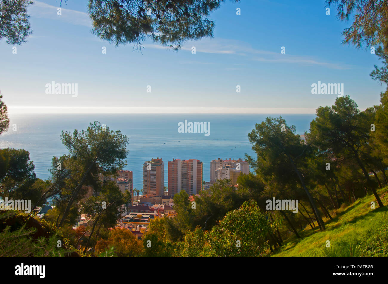 Vista sul mare mediterraneo, edifici e alberi di pino, Malaga, Spagna Foto Stock