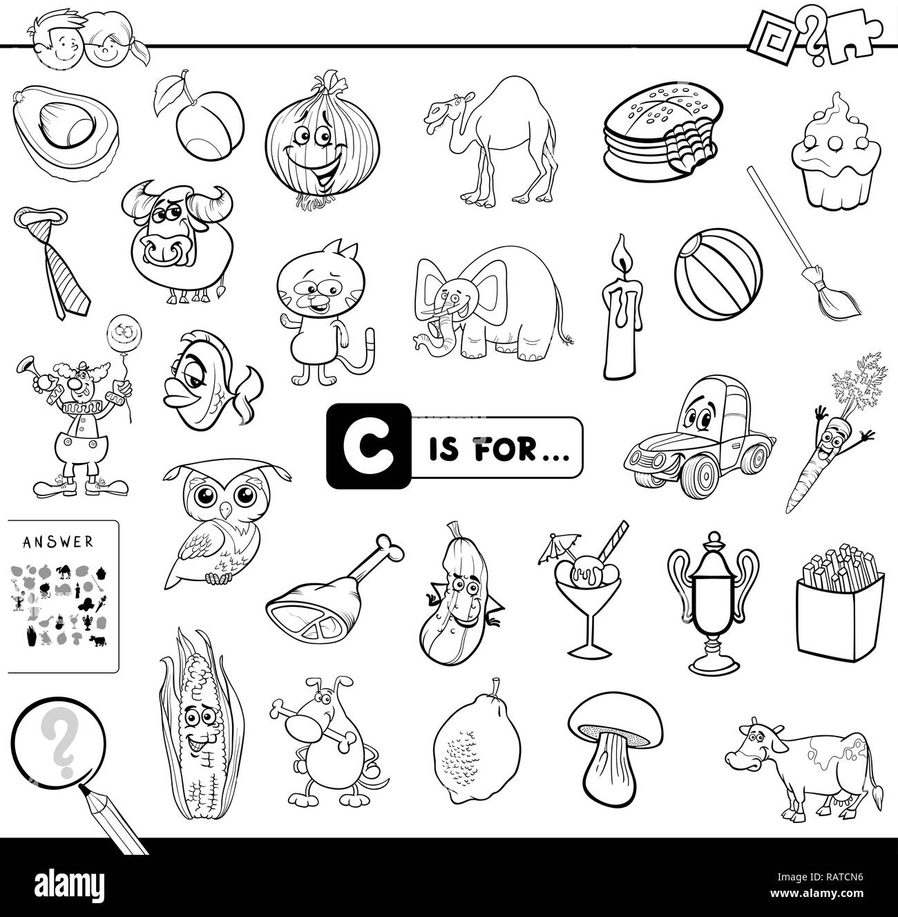 Bianco e Nero Cartoon illustrazione di trovare foto che iniziano con la lettera C Gioco educativo eserciziario per bambini Libro da colorare Illustrazione Vettoriale