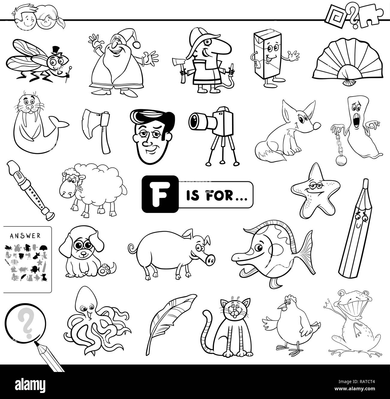 Bianco e Nero Cartoon illustrazione di trovare foto che iniziano con la lettera F Gioco educativo eserciziario per bambini Libro da colorare Illustrazione Vettoriale