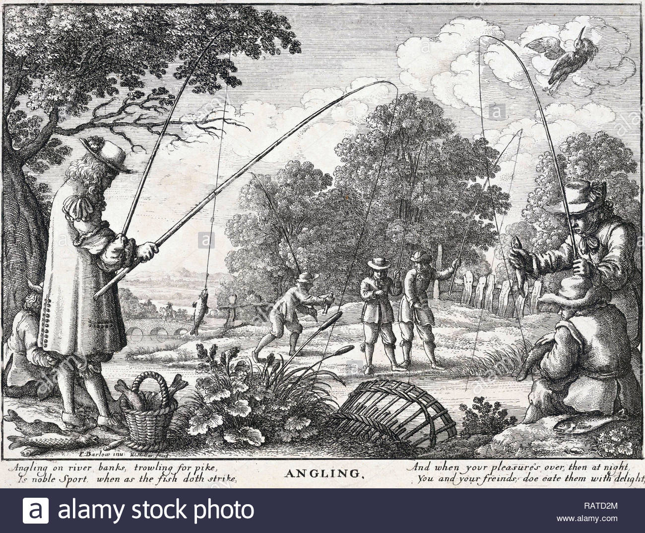Scena di pesca pesca di pesci, incisione dell'incisore boemo Wenceslaus Hollar degli anni '1600 Foto Stock