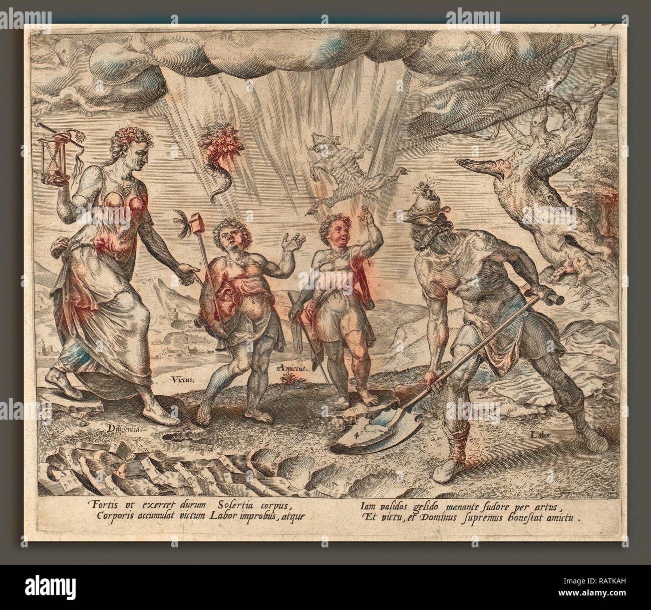 Philip Galle dopo Maerten van Heemskerck (fiammingo, 1537 - 1612), il Signore dotando il lavoratore diligente con cibo e reinventato Foto Stock