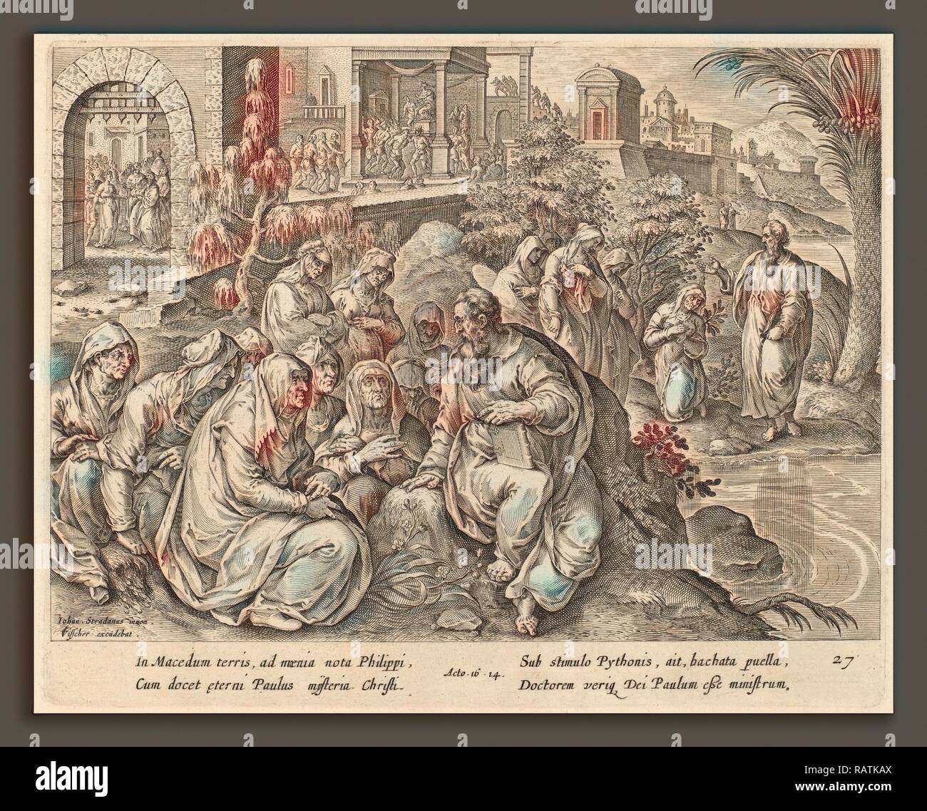 Philip Galle dopo Jan van der Straet (fiammingo, 1537 - 1612), San Paolo parla alle donne di Filippi da un fiume reinventato Foto Stock