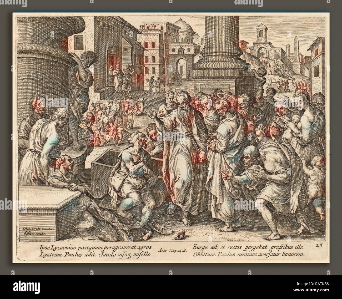 Philip Galle dopo Jan van der Straet (fiammingo, 1537 - 1612), San Paolo guarisce il zoppo a Listra, incisione reinventato Foto Stock