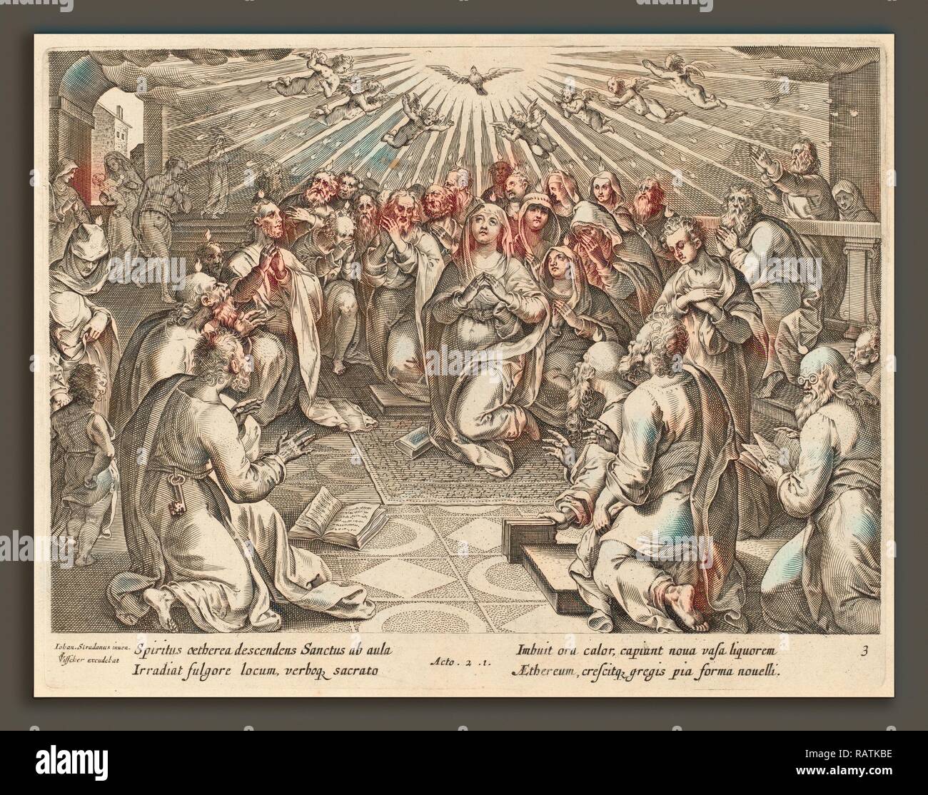 Philip Galle dopo Jan van der Straet (fiammingo, 1537 - 1612), la Pentecoste, incisione. Reinventato da Gibon. Arte Classica reinventato Foto Stock