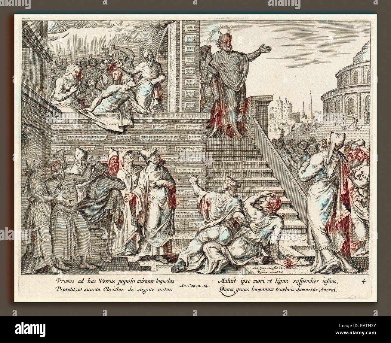 Philip Galle dopo Maerten van Heemskerck, San Pietro parla al popolo su Cristo, fiammingo, 1537 - 1612 reinventato Foto Stock