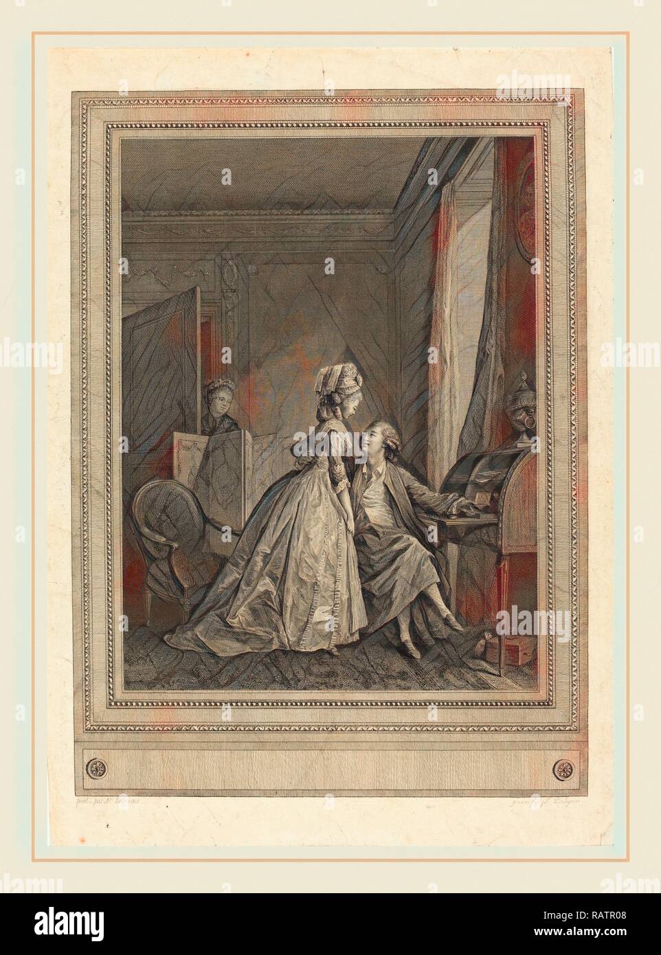 Jean-Louis Delignon dopo Nicolas Lavreince, francese (1755-c. 1804), Les offres seduisantes, 1782, incisione e reinventato Foto Stock