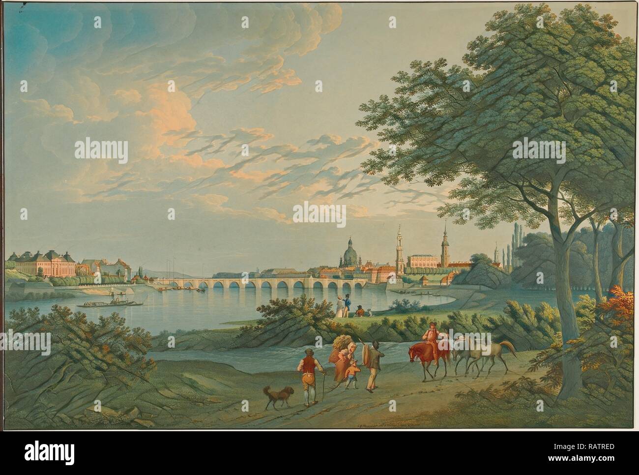 Vista di Dresda, Christian Gottlieb martello, Tedesco, 1779 - 1864, in Germania, in Europa, 1810, acquerello su grafite, 50. reinventato Foto Stock