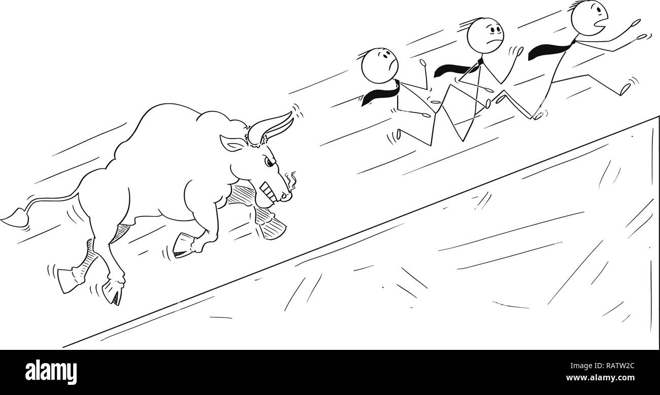 Cartoon di un gruppo di imprenditori in esecuzione in salita lontano dal toro arrabbiato come un aumento dei prezzi di mercato Symbol Illustrazione Vettoriale