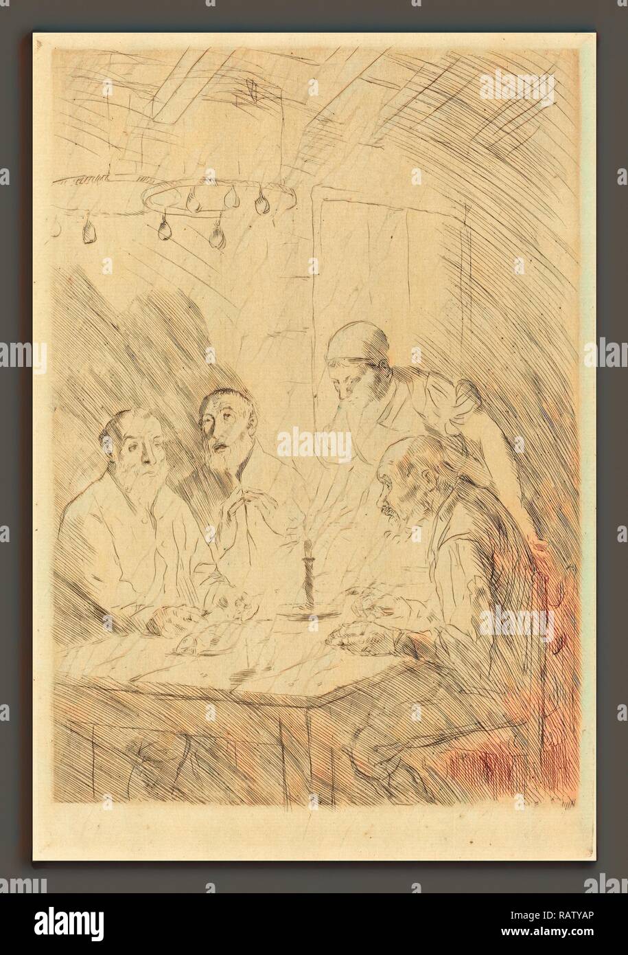 Alphonse Legros, cena dei poveri (Le souper chez misere), francese, 1837 - 1911, incisione e puntasecca su carta verde reinventato Foto Stock