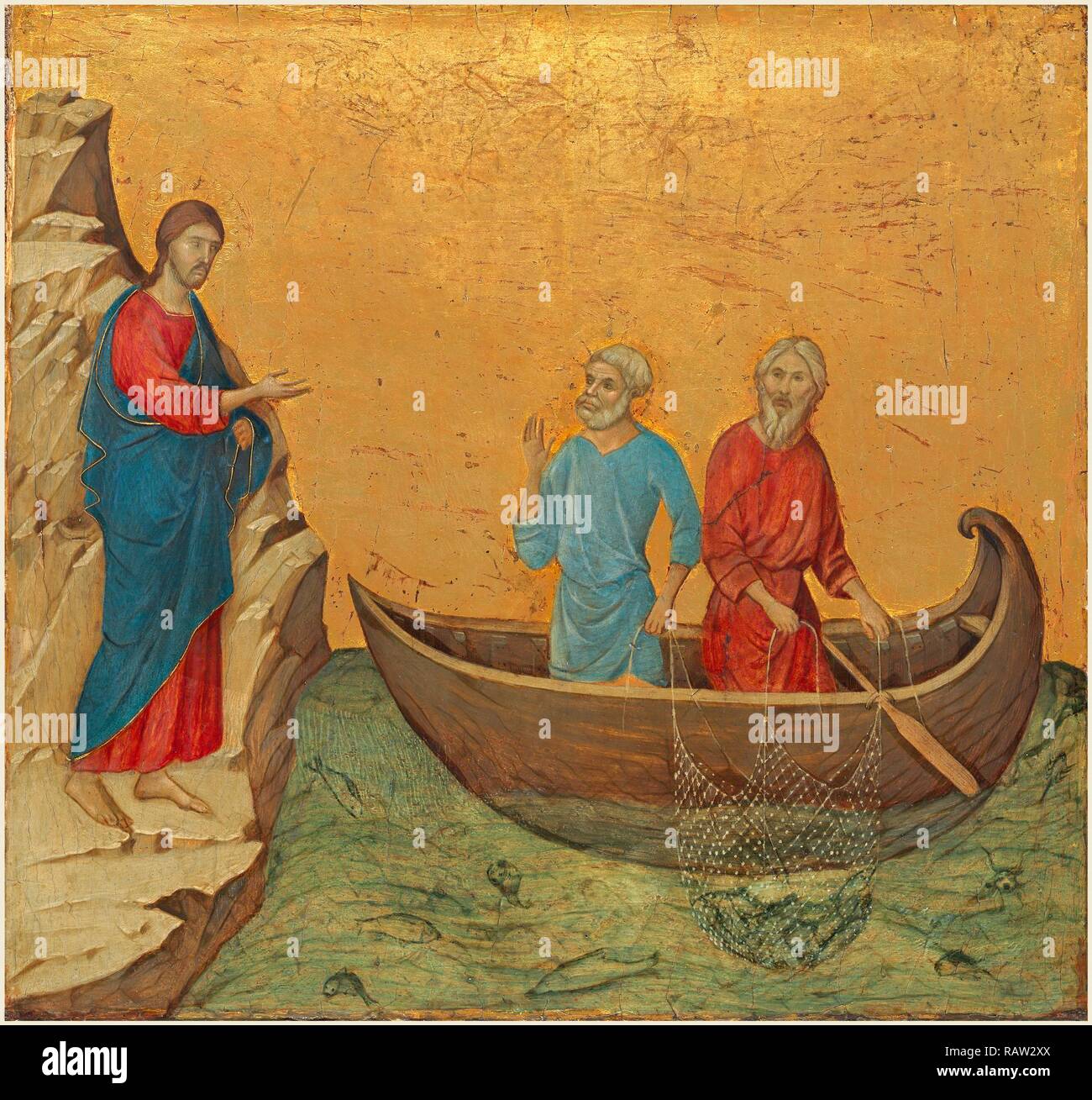 Duccio di Buoninsegna, italiano (c. 1255-1318), la chiamata degli Apostoli Pietro e Andrea, 1308-1311, tempera su reinventato Foto Stock