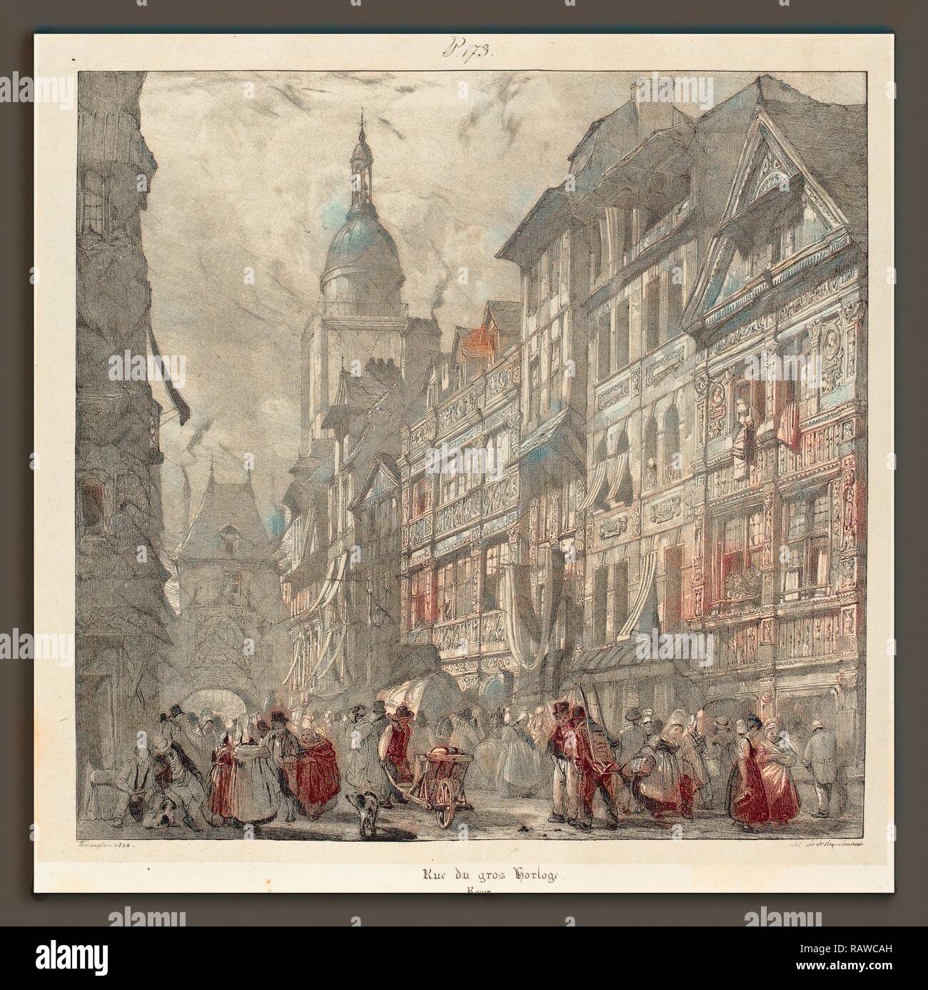 Richard Parkes Bonington (British, 1802 - 1828), Rue du Gros-horloge, Rouen, 1824, litografia. Reinventato Foto Stock