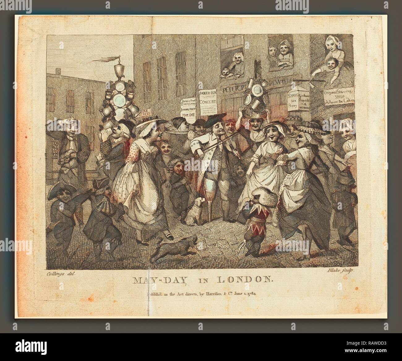 William Blake dopo Samuel Collings (British, 1757 - 1827), May-Day a Londra, 1784, incisione. Reinventato Foto Stock