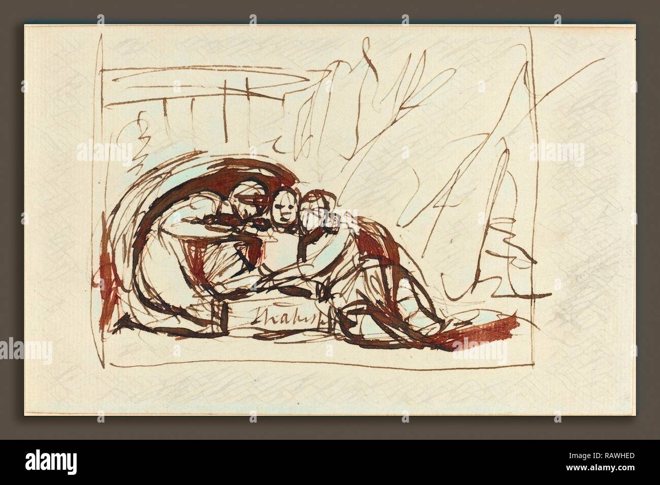 George Romney (British, 1734 - 1802), il neonato Shakespeare allattato da commedia e tragedia, 1783, penna e inchiostro bruno su reinventato Foto Stock
