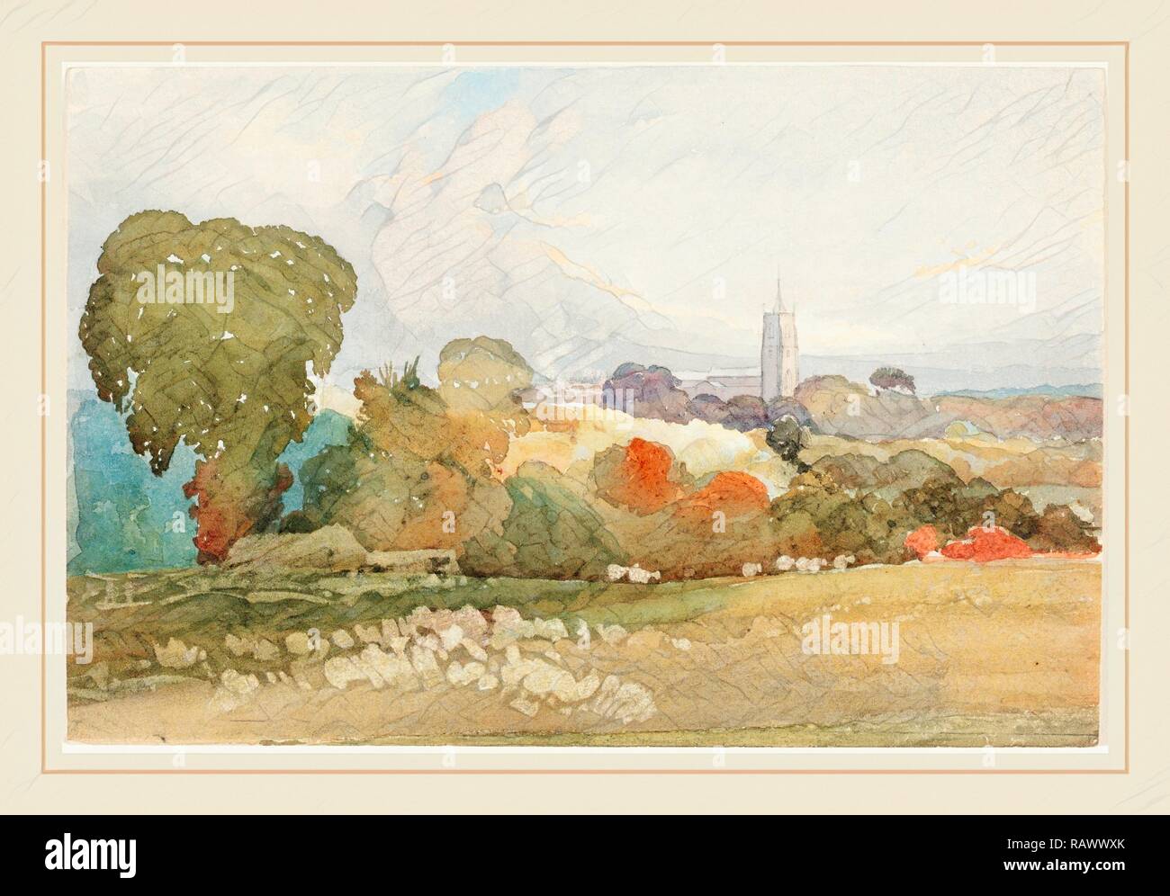 James Bulwer, British (1794-1879), il paesaggio con campanile del 1828, acquarello e grafite. Reinventato Foto Stock