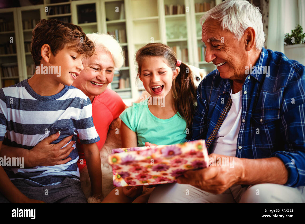 Nonni e nipoti guardando il regalo a sorpresa in salotto Foto Stock