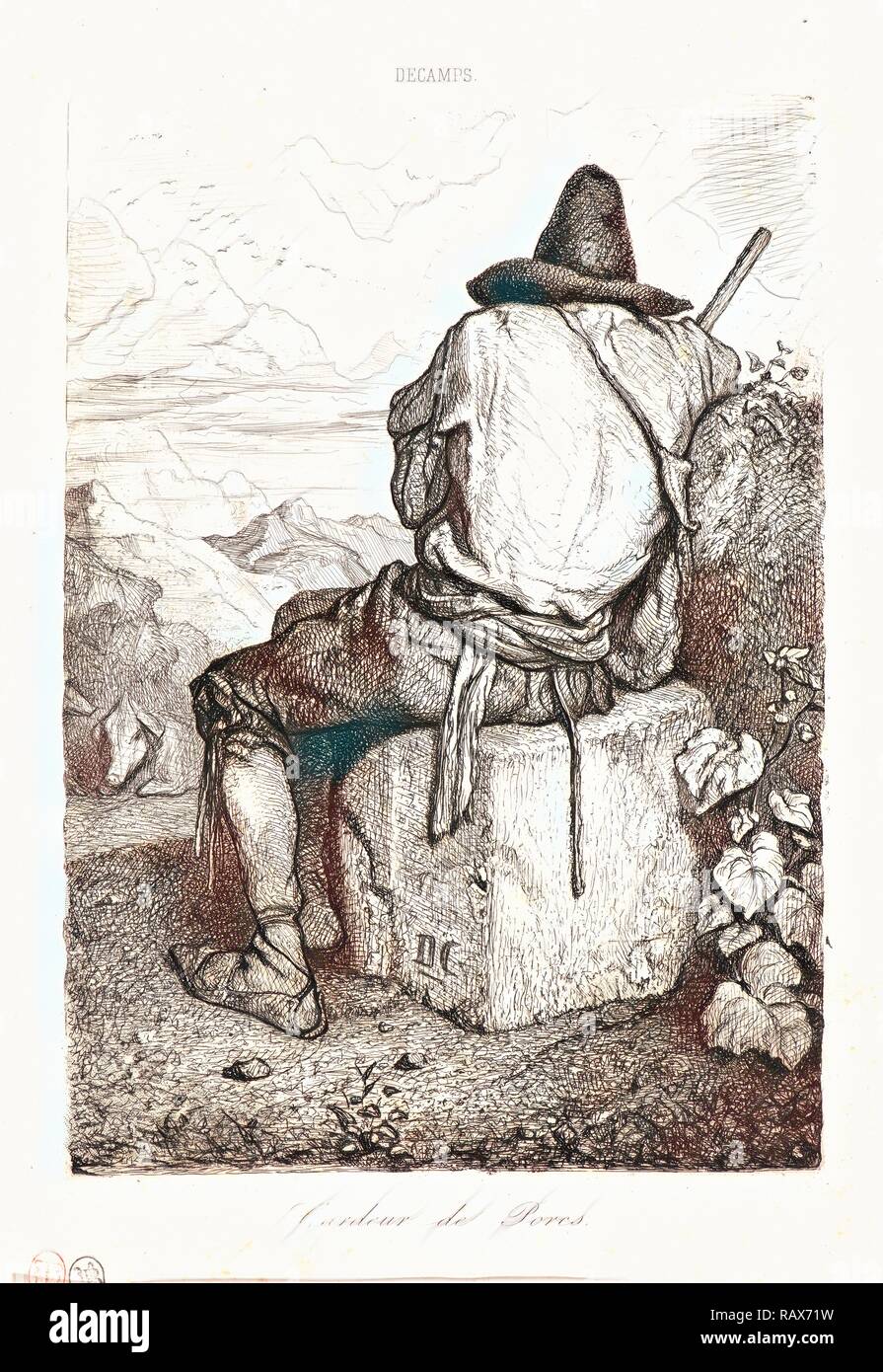 Alexandre Gabriel Decamps (francese, 1803 - 1860). Il guardiano dei porci (Le Gardeur de Porcs), 1843. Attacco chimico. . Reinventato Foto Stock