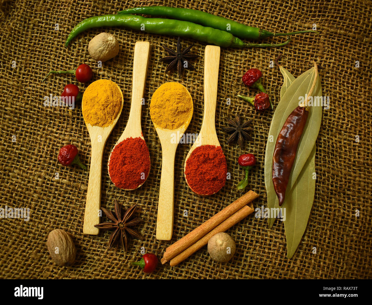 Cucchiai con le spezie in polvere e le spezie intere sul panno di Hesse. Foto Stock