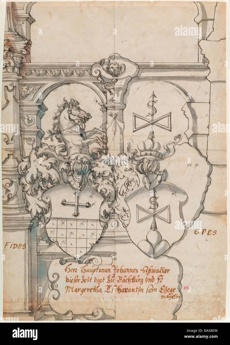 Il vetro macchiato Design con due stemmi (recto), lo studio di un timone (verso), Hans Jacob Plepp, Swiss, circa 1557/ reinventato Foto Stock