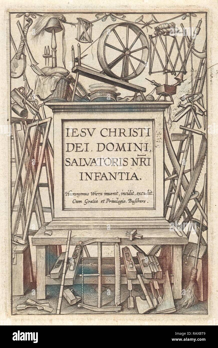 Banco di lavoro con strumenti, Hieronymus WIERIX, 1563 - prima del 1619. Reinventato da Gibon. Arte Classica con un tocco di moderno reinventato Foto Stock