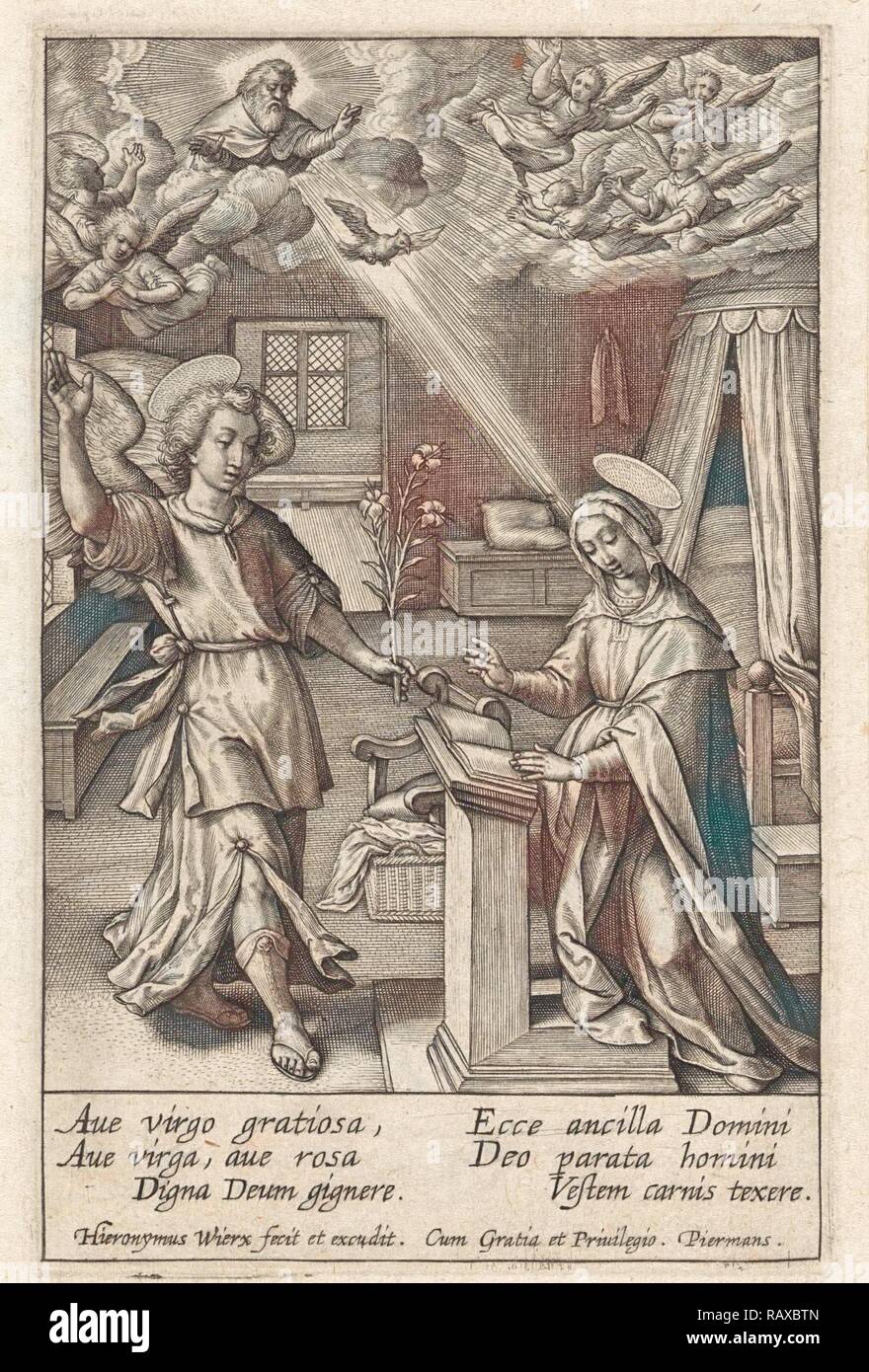 Annunciazione, Hieronymus WIERIX, 1563 - prima del 1619. Reinventato da Gibon. Arte Classica con un tocco di moderno reinventato Foto Stock