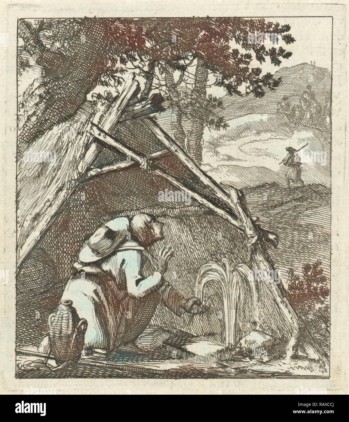 Traveler accanto a un ben prima di una capanna di paglia, stampa maker: Jan Luyken, wed. Pieter Arentsz II, 1689. Reinventato Foto Stock