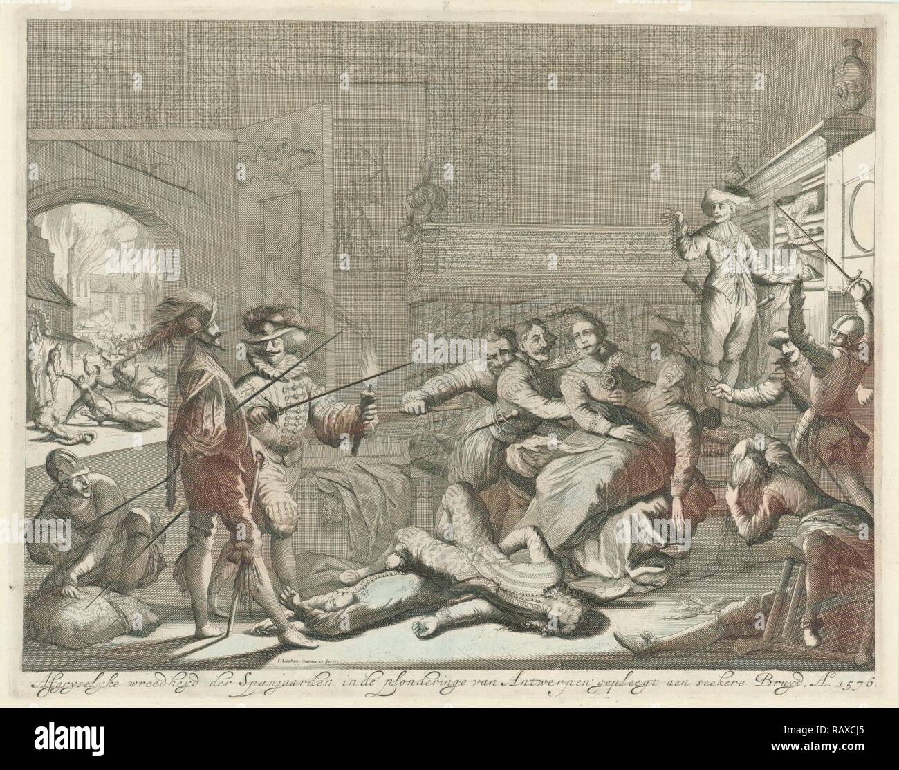 Abuso di una sposa dai soldati spagnoli durante la furia spagnola di Anversa, Belgio, 1576, Jan Luyken, 1679 - 1684 reinventato Foto Stock