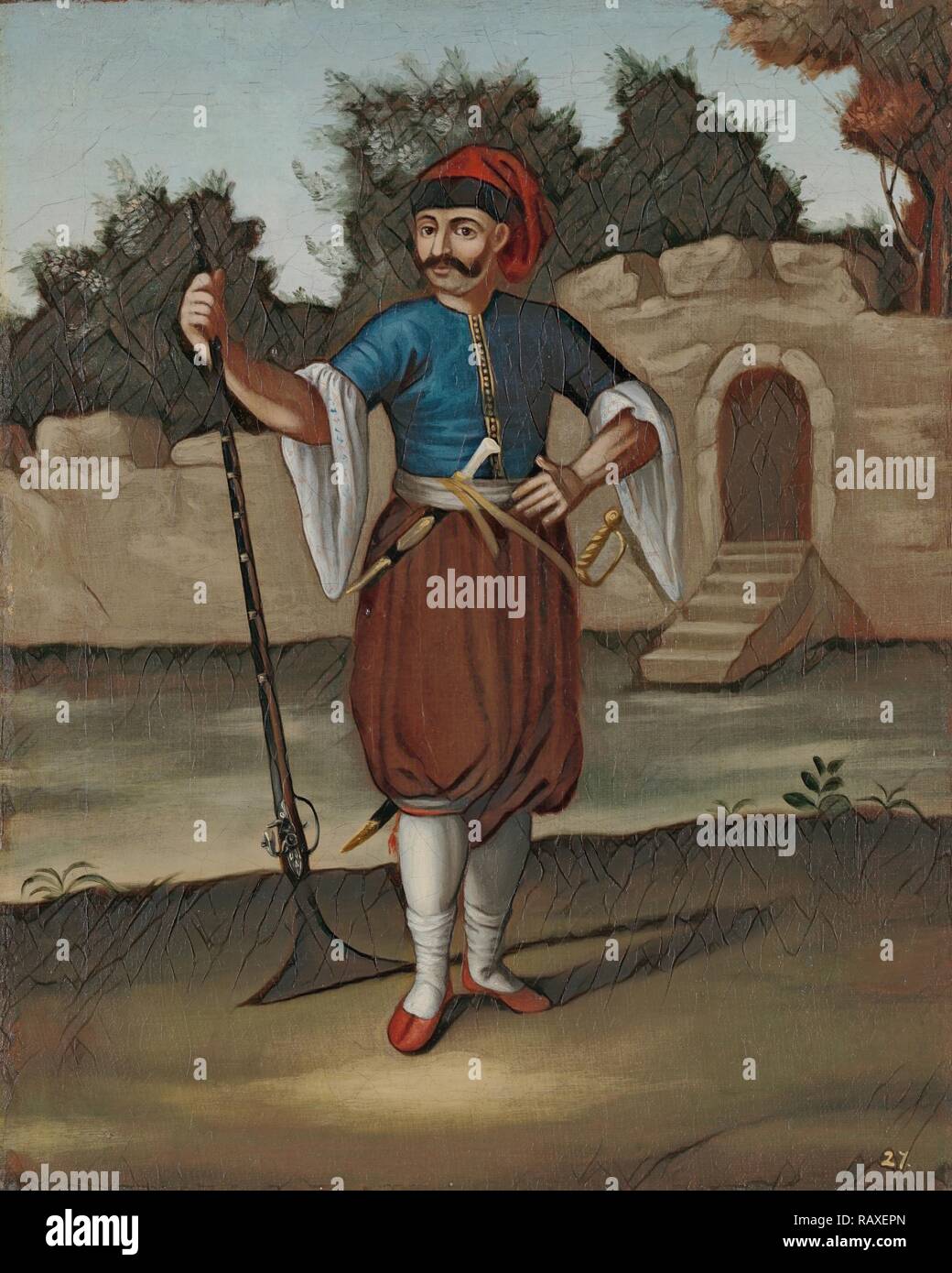 Soldato albanese, officina di Jean Baptiste Vanmour, 1700 - 1737. Reinventato da Gibon. Arte Classica con un moderno reinventato Foto Stock