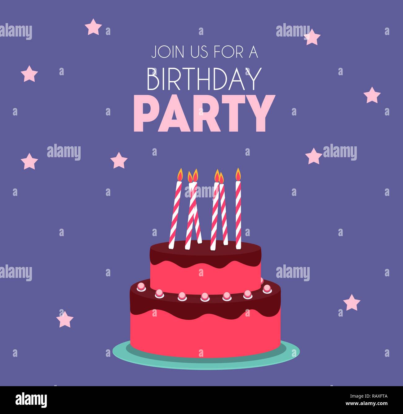 Festa di compleanno invito con torta carino. Illustrazione vettoriale EPS10 Illustrazione Vettoriale