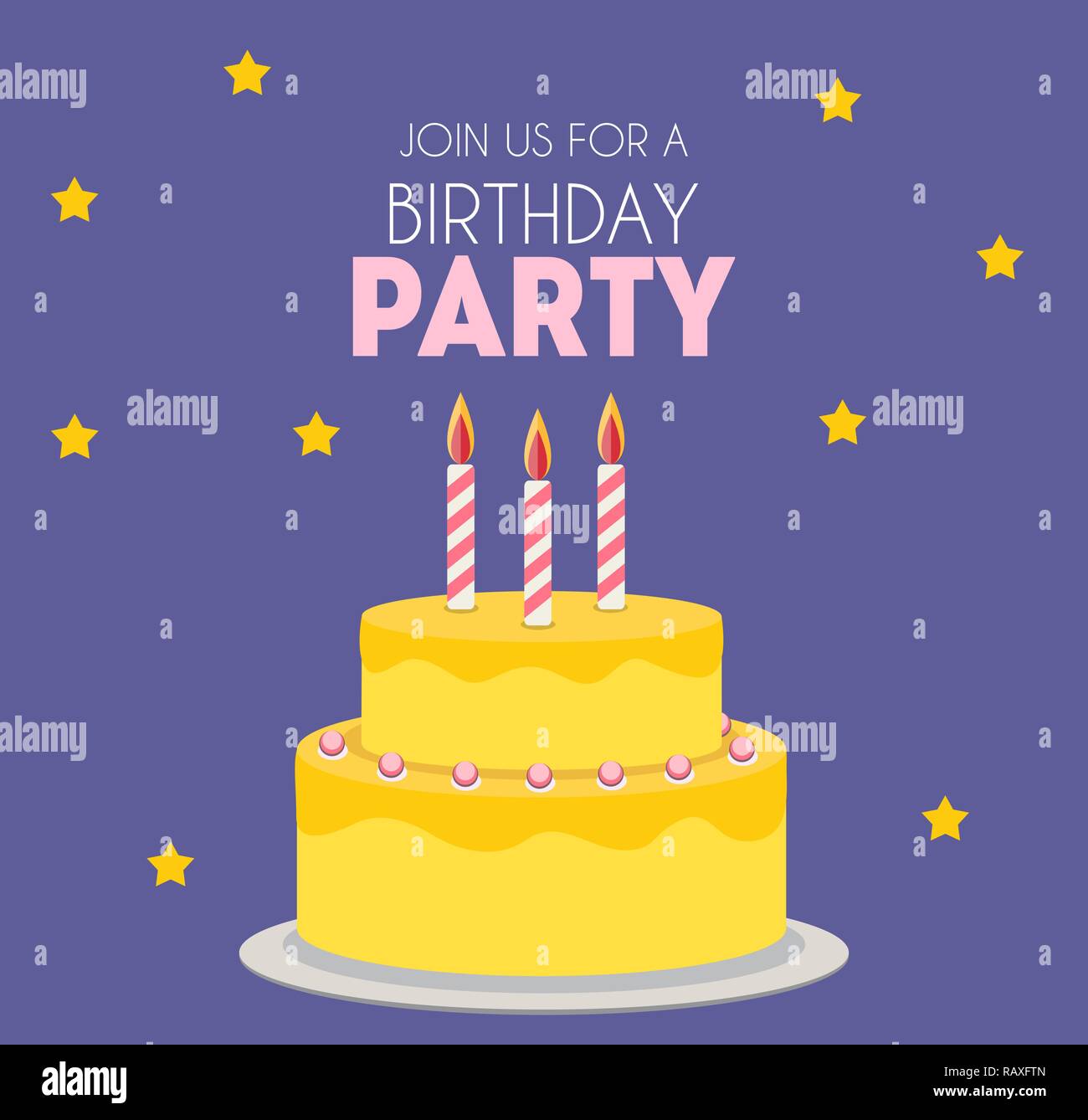 Festa di compleanno invito con torta carino. Illustrazione vettoriale EPS10 Illustrazione Vettoriale