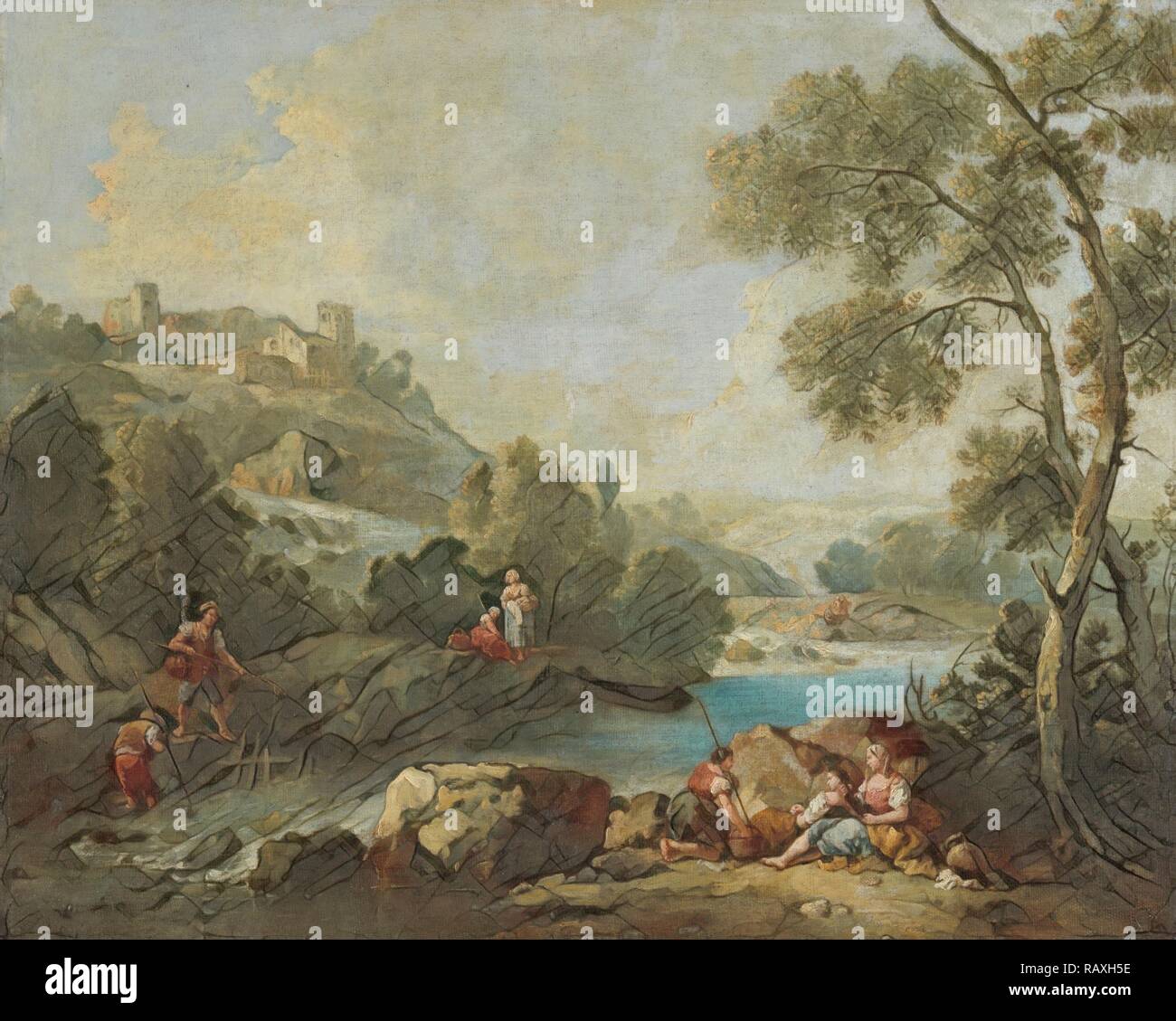 Paesaggio con figure, attribuita a Giuseppe Zaïs, 1730 - 1770. Reinventato da Gibon. Arte Classica con un moderno reinventato Foto Stock