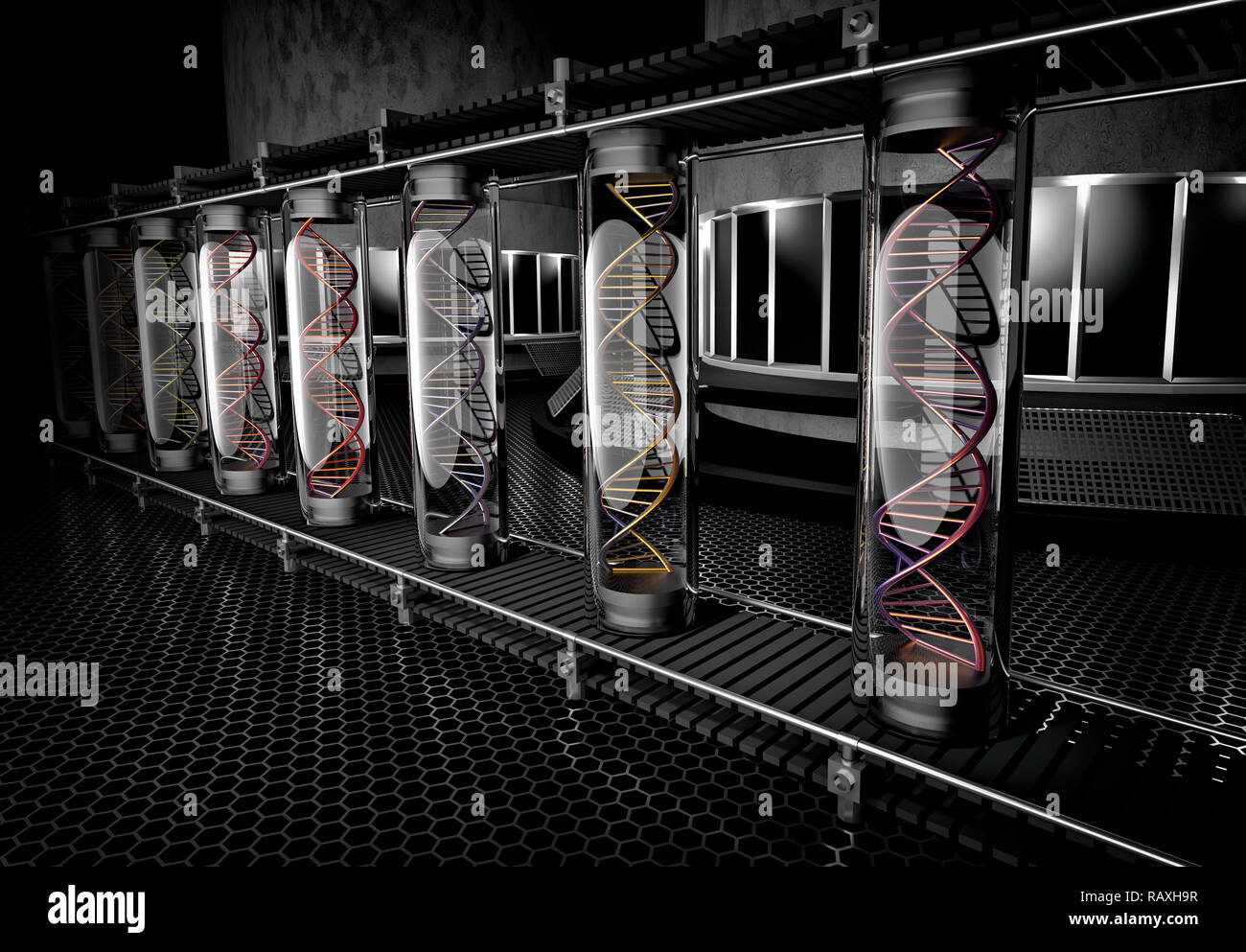3D illustrazione colorata di elica di DNA in vetro trasparente tubo essendo montati sulla linea di assemblaggio Foto Stock