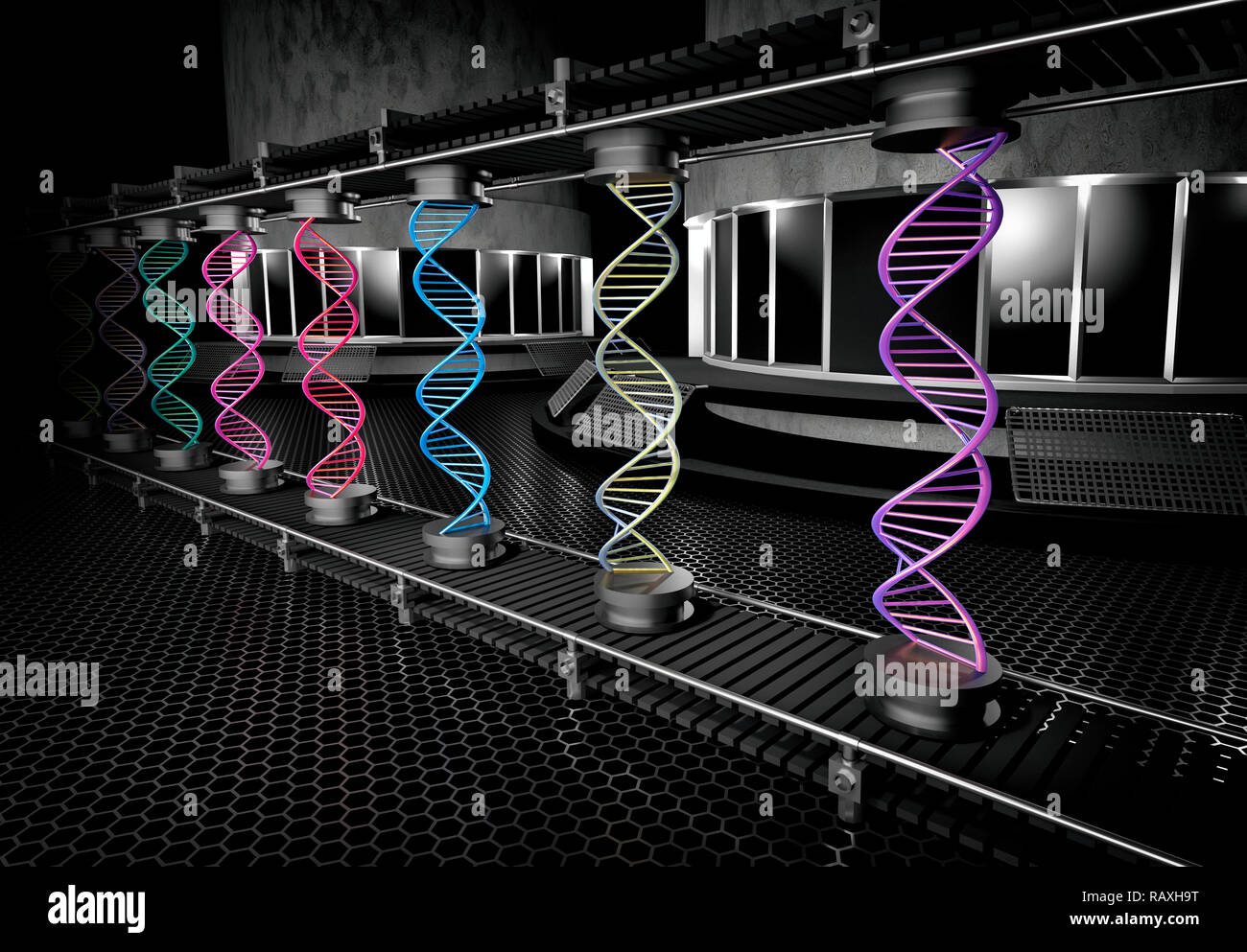 3D illustrazione colorata di elica di DNA di essere montato sulla linea di assemblaggio Foto Stock