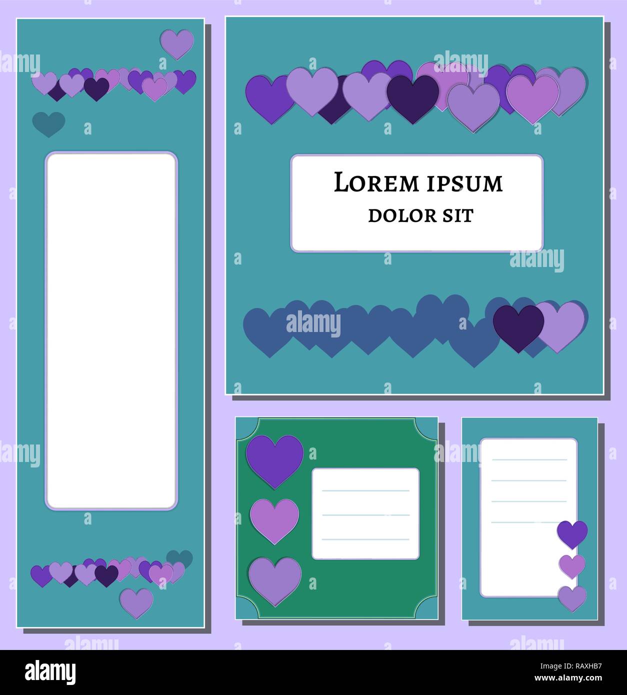 Viola e lilla cuori modello di pagina di intestazione. Per coprire, poster media design, stampa flyer. decorazione magazine, opuscolo , web su sfondo verde. Illustrazione Vettoriale Illustrazione Vettoriale