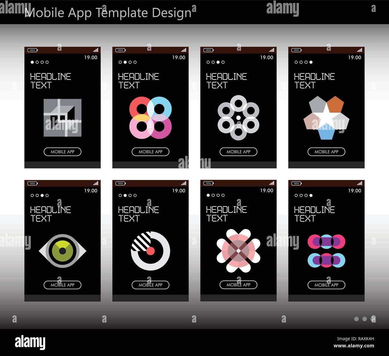 Otto opzioni di mobile app template vettoriale design. Abstract simboli geometrici isolati su uno sfondo nero. Illustrazione Vettoriale
